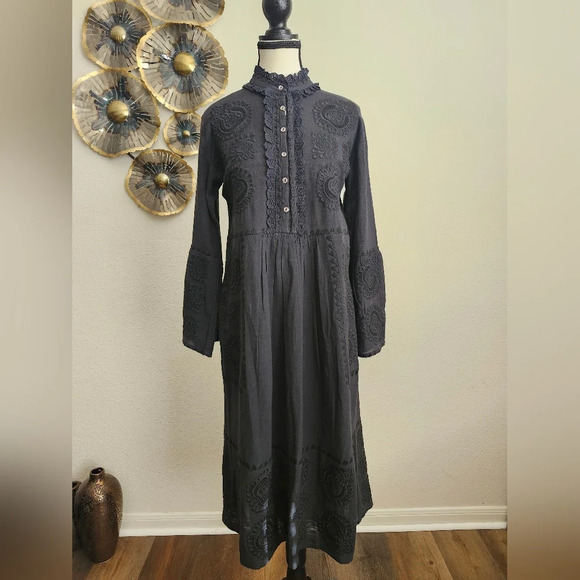 Antik Batik Toga Embroidered Cotton Midi Dress In Black - Picture 1 of 15